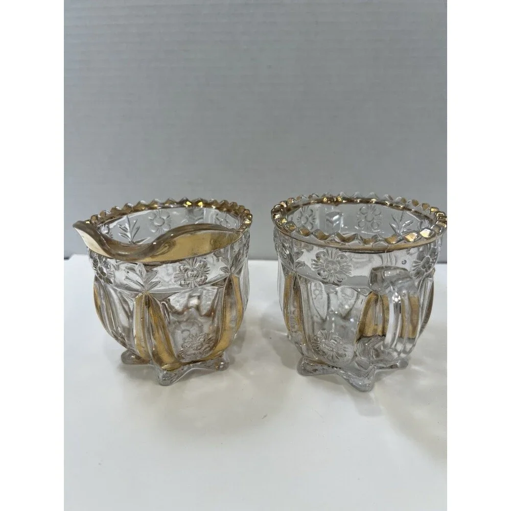 Antique 1897 EAPG Glass Sugar And Creamer Set Harvard Yard Gold Gilding Trim